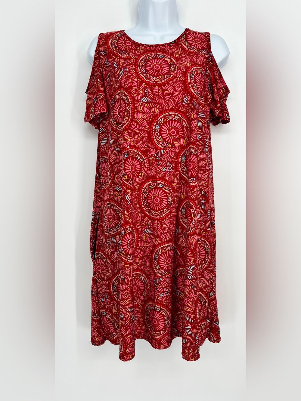 Mountain Mamas Red Geometric Mandala Cold Shoulder Dress with Pockets SM/MED